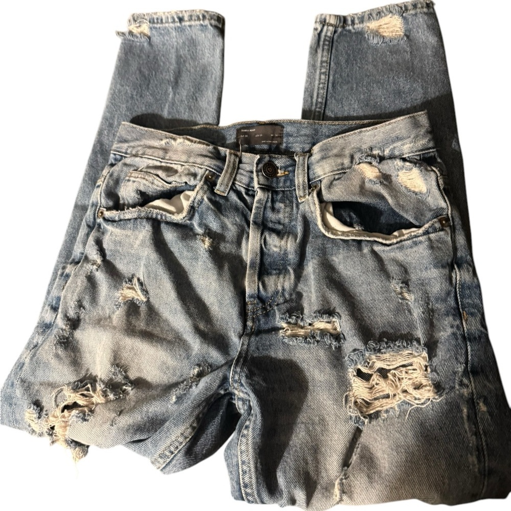 Zara Man skinny jeans distressed size 30 denim designer buttonfly.